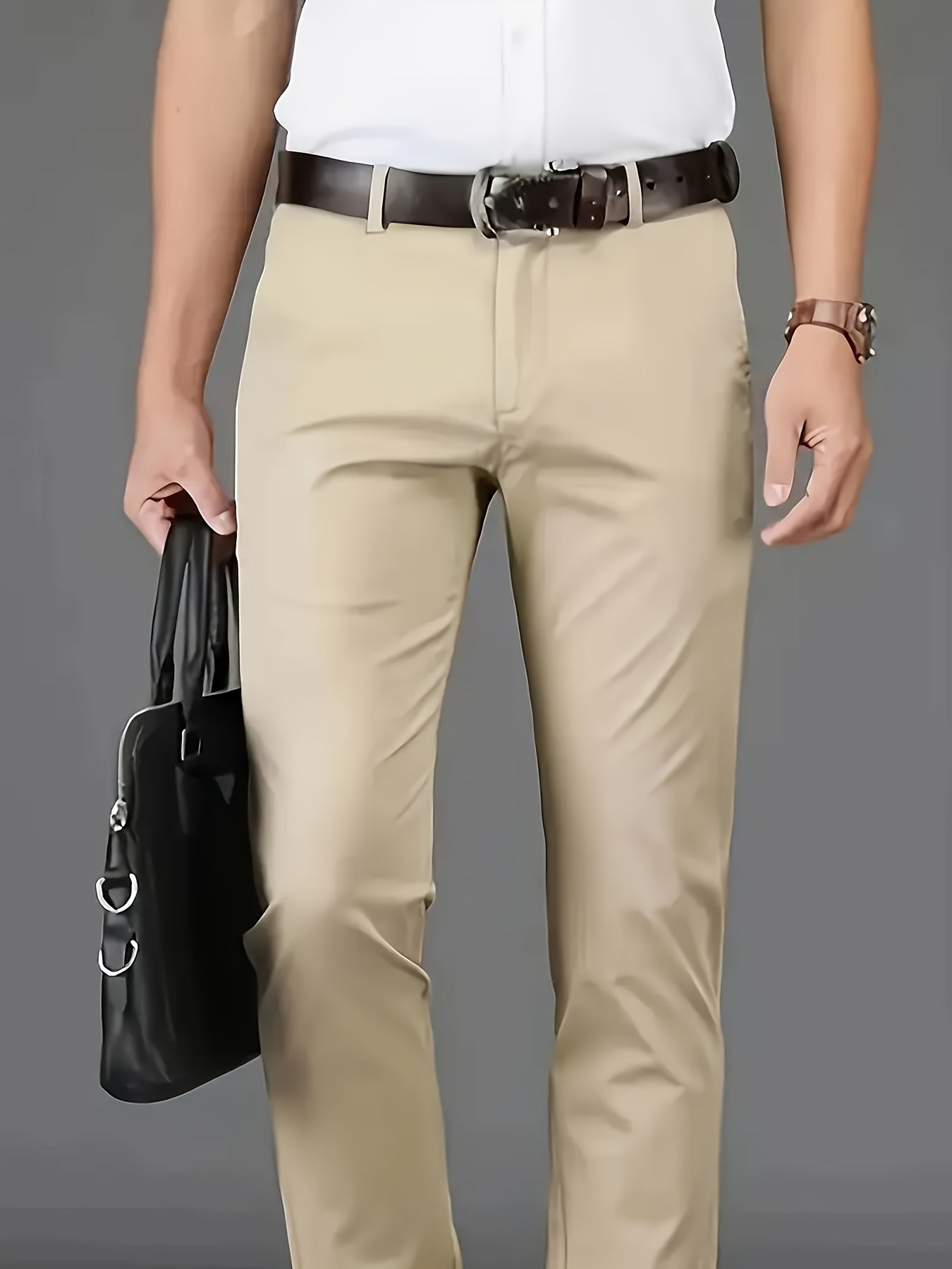[Durable Build] Men's All-Season Casual Dress Pants - Business Style Stretch Trousers, Comfortable Classic Design, Light Brown Polyester Blend, Machine Washable, Smooth Finish, Regular Fit for Office or Leisure Wear
