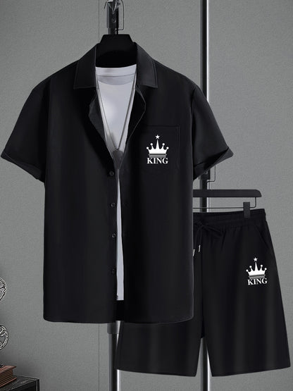 Men's Casual Short Sleeve Collar Shorts Printed Fashion Suit