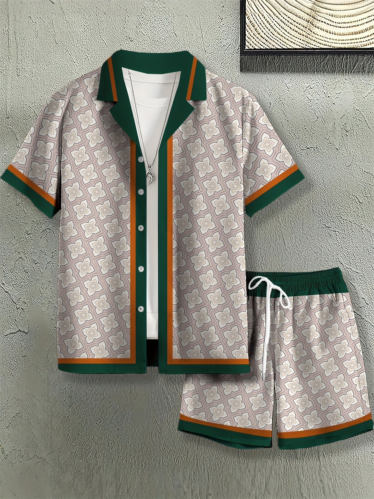3D Digital Print Men's Fashion Casual Hawaiian Style Striped Shirt Two-Piece Set