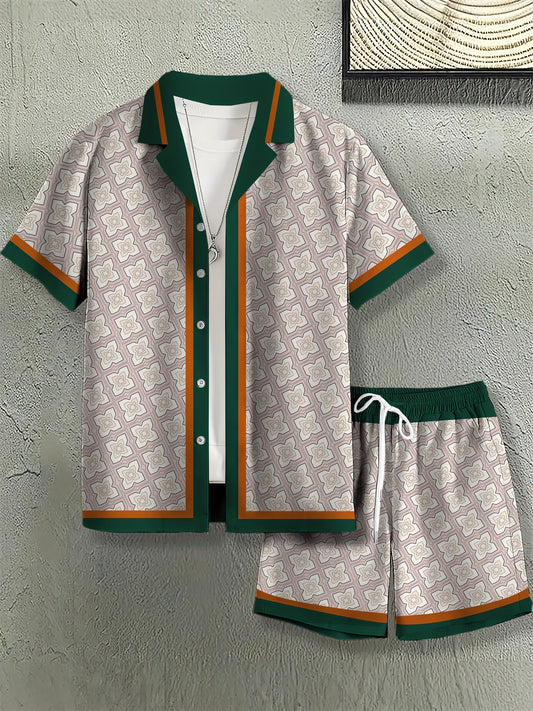 3D Digital Print Men's Fashion Casual Hawaiian Style Striped Shirt Two-Piece Set