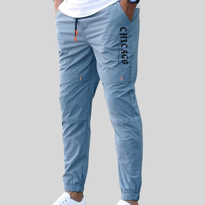 Men'S Casual Drawstring Joggers, 100% Polyester Non-Stretch Woven Fabric, All-Season Regular Fit Trousers with Alphabet Print Detail, Fashionable Workwear Style
