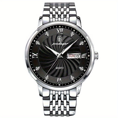 POEDAGAR Men's Luxury Retro Calendar Watch with Blue Dial, Date & Day Display, Quartz Movement, Stainless Steel Band - Perfect Gift for Students & Professionals, Student Wristwatch | Retro Wristwatch | Decorative Dial