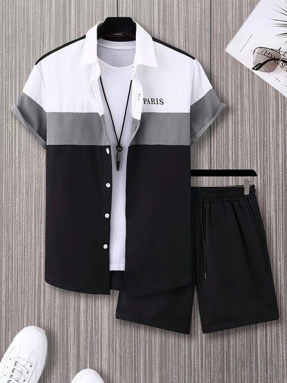 Men'S Letter Color Block Short Sleeve Shirt Shorts Casual Suit 2pcs Set