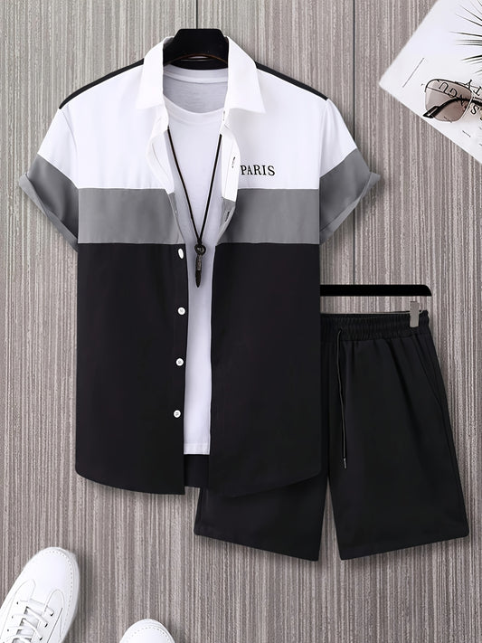 Men'S Letter Color Block Short Sleeve Shirt Shorts Casual Suit 2pcs Set