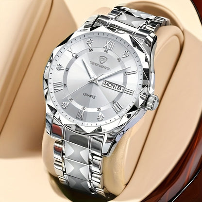 Men'S Quartz Business Watch with Rhinestone-Embellished Luminous Dial, Stainless Steel Strap & Case, Date & Day Display, IPX7 Water-Resistant - Ideal for Travel, Work, Outdoor - Perfect Gift for Birthdays, Holidays, Anniversa
