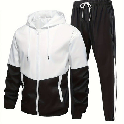2pcs Men's Hooded Tracksuit - Lightweight Polyester Active Wear Set For Spring/Autumn With Pockets, Long Sleeve Jacket And Jogger Pants
