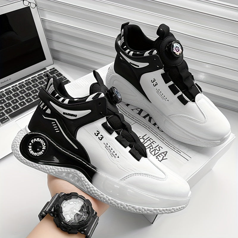 [Athletic Performance] Men's Breathable Casual Sneakers - Stylish Loafers with Rotating Buckle, Navy Blue & White Design, Comfortable PU Upper & PVC Sole for Casual Attire, Running, and Outdoor Activities