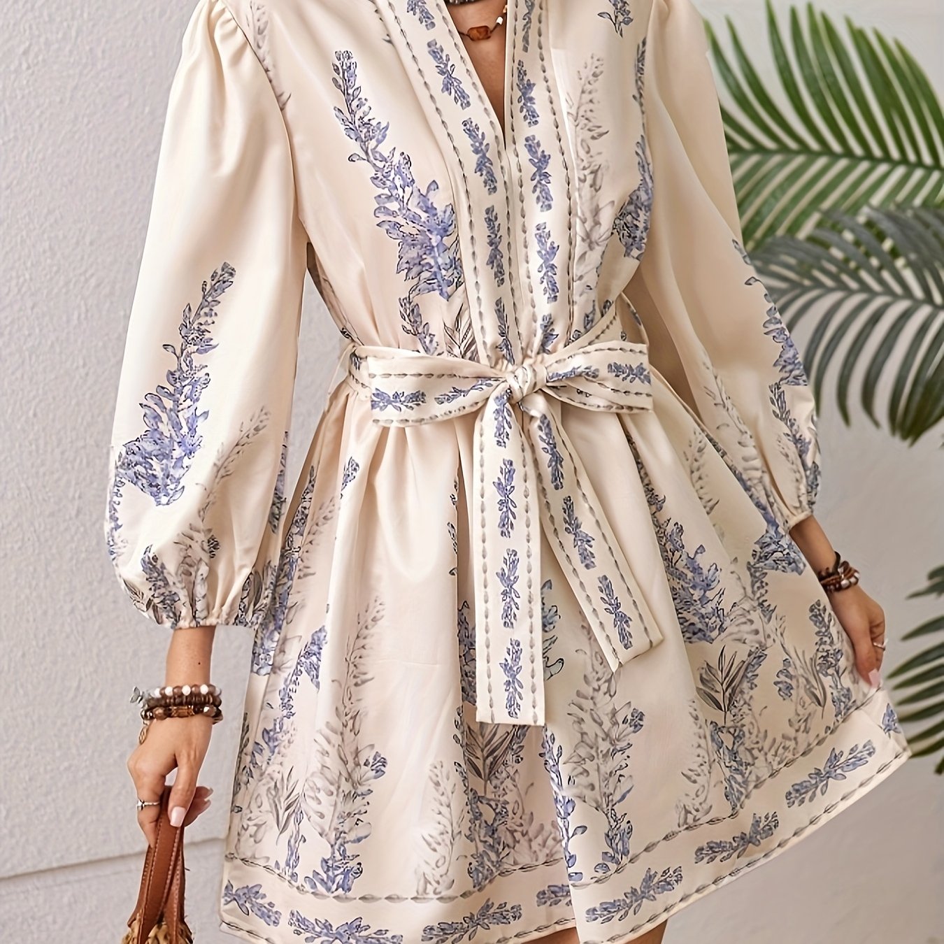 Elegant Floral V-Neck Midi Dress with Lantern Sleeves and Belt for Women - Lightweight Polyester, Cream with Blue Floral Print, Long Flared Sleeves, Perfect for Spring/Fall, Floral Dress