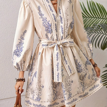 Elegant Floral V-Neck Midi Dress with Lantern Sleeves and Belt for Women - Lightweight Polyester, Cream with Blue Floral Print, Long Flared Sleeves, Perfect for Spring/Fall, Floral Dress