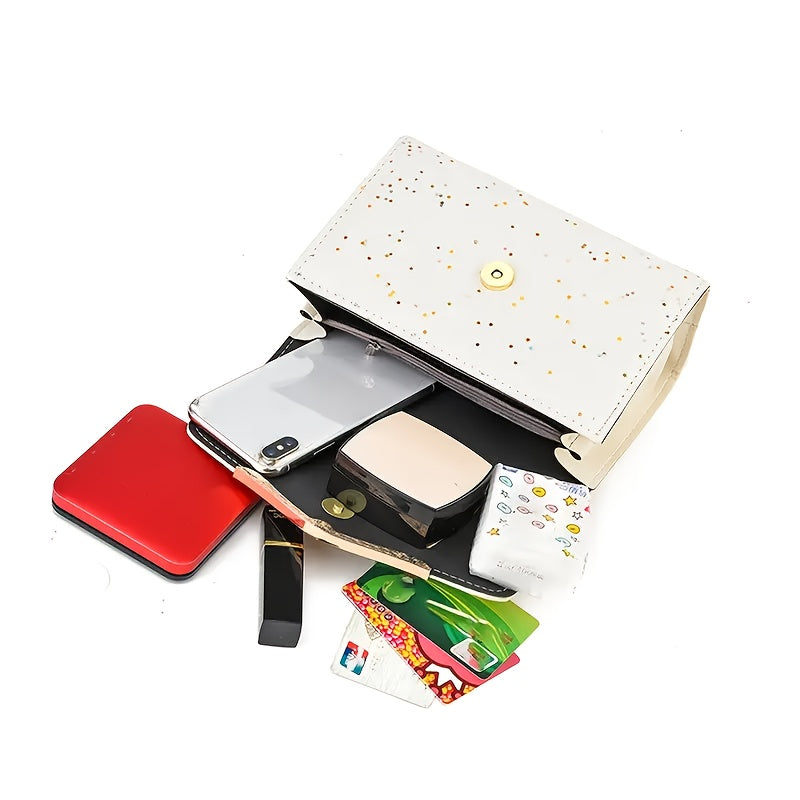 Women's Glitter Crossbody Bag with Accents & Detachable Chain Strap - Small Square Shoulder Bag, Magnetic Closure, Golden-Tone Hardware, White//Red/Black for Casual & Formal Occasions, Crossbody Purse, Versatile Accessory, Ev