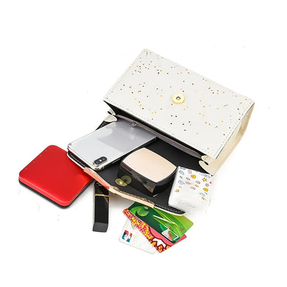 Women's Glitter Crossbody Bag with Accents & Detachable Chain Strap - Small Square Shoulder Bag, Magnetic Closure, Golden-Tone Hardware, White//Red/Black for Casual & Formal Occasions, Crossbody Purse, Versatile Accessory, Ev