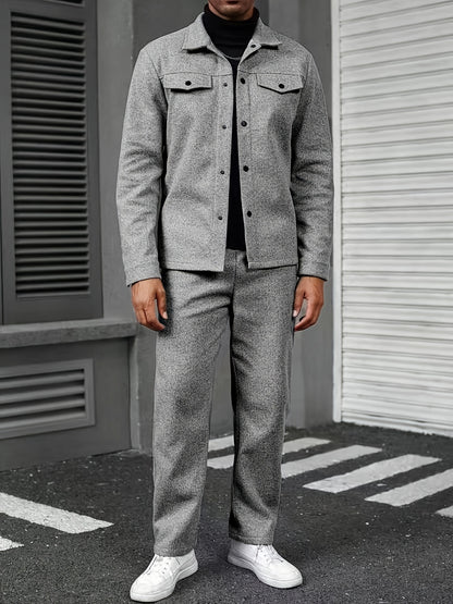 Men'S Two-Piece Casual Outfit - Black Button-Up Shirt & Pants, Long Sleeve, Loose Fit, Non-Stretch Fabric, Perfect for Spring/Fall, Casual Attire|Relaxed Fit|Buttonup Shirt