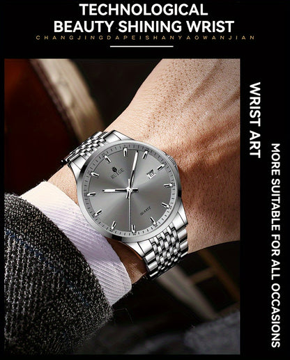 RUIGE Men's Sleek Quartz Watch - Stainless Steel Band, Simple Design with Date Display & Night Light Feature, Casual Wristwatch for Casual Attire