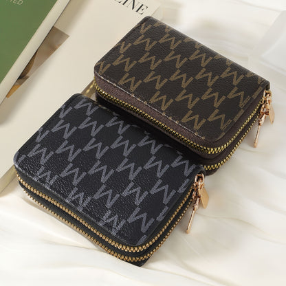 New Retro Printed Women's Minimalist Short Wallet With Double Zippers Around, Fashionable Coin Wallet, Credit Card Storage Bag, Simple And Casual Multi Card Holder
