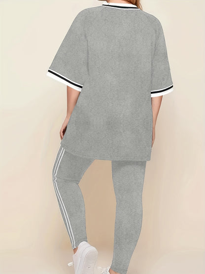 Women'S Plus Size Casual Lounge Set - Gray & White Striped Oversized T-Shirt with Matching Joggers, Comfortable All-Season Home Outfit, Joggers for Women