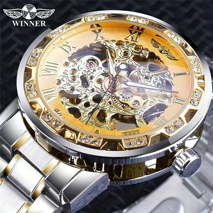 Fashion Classic Roma Watch Men Luxury Golden Skeleton Mechanical Hand Watches Casual Business Wristwatches Men Blue & Golden Accents, Casual Yet Versatile, Best Seller, Ideal Gift, Mechanical Movement, Watch Accessories, With