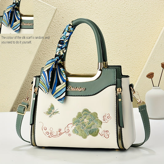 Embroidered Colorful Wo 'S Handbag with Random Scarf Color, Business Spring/Summer Date, Casual Travel, Mother'S Day Gift, Large Capacity, Middle-Aged, Commuting, Contrast Color