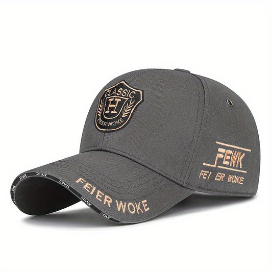 FEWK Unisex Baseball Cap | Breathable Polyester | Adjustable Fit | Embroidered Logo & Golden Badge | Stylish Streetwear for Spring/Autumn, Outdoor Headwear | Golden Badge Design | Durable Cap