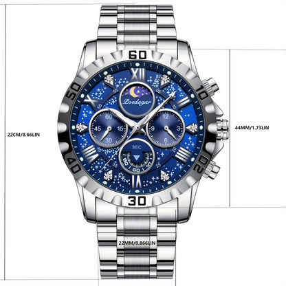POEDAGAR Men'S Luxury Stainless Steel Quartz Watch with Moon Phase and Calendar - Waterproof, Night-Glow Hands, and Detailed Dial for Business and Formal Attire, Formal Watch | Detailed Watch Face | Quartz Movement