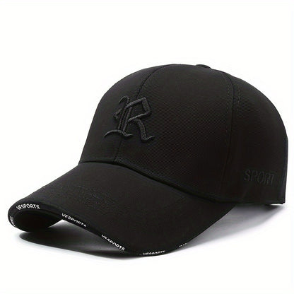 "R" Embroidered Baseball Cap - Sleek Black Dad Hat with Curved Brim, Comfortable & Breathable, Ideal for Outdoor Activities, One Size Fits All
