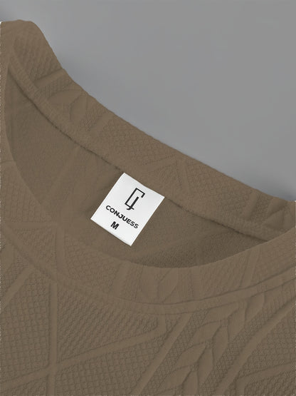 Men'S Textured Round Neck Short Sleeve Pullover & Woven Pants Pajama Set - Brown, Casual Home Wear with Drawstring Waist, Summer Comfort, Everyday Pajamas | Casual Style | Comfortable Fit, Pajamas