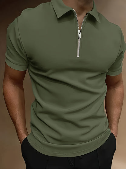 Casual Stretch Men's Solid Color Zipper Lapel Golf Shirt, Male Summer Streetwear