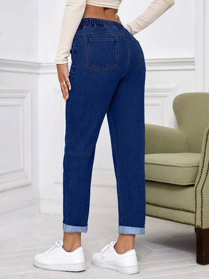 Women's Stretch Denim Tapered Jeans with Elastic Waistband & Rolled Cuffs - Light Wash, Mid-Rise, Versatile Casual Style for Spring/Summer/Fall, Casual Denim Wear | Modern Tapered Jeans | Smooth Texture Jeans