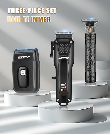 WEEME 3pcs Men's Grooming Kit: Black USB Rechargeable Electric Clipper + T-Blade Trimmer + Shaver Combo, featuring an LCD display and anti-slip textured design for precise haircuts, beard trimming, and sideburns styling—per
