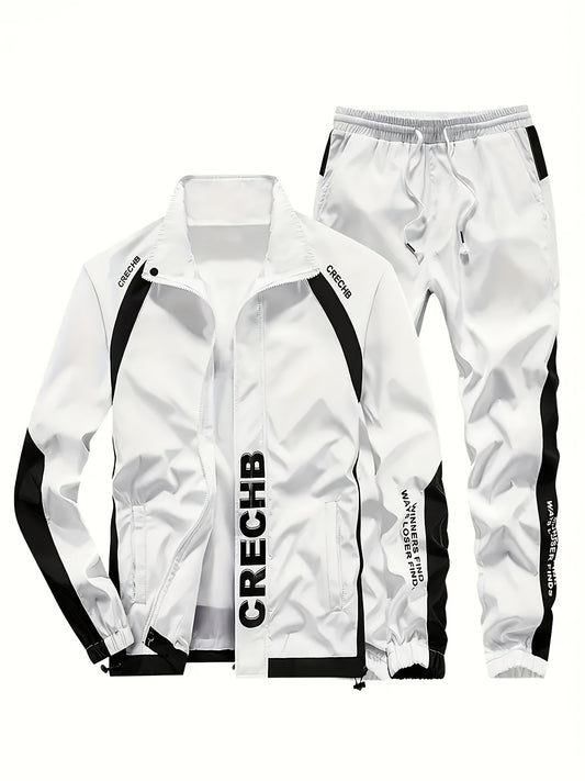 2025 New Casual Sports Set Men'S Spring and Autumn New Trendy Print Jacket, 100% Polyester, Soft Fabric Machine Washable, Casual Sports Loose Running Suit 2pcs Set, For Teenager
