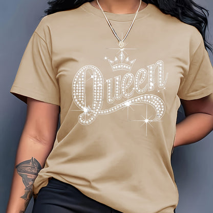 Sparkling Rhinestone Queen Crown Graphic Casual T-Shirt - Vibrant Orange Short Sleeve Round Neck Top with Medium Stretch, Machine Washable for Casual Attire & Parties, Cute T Shirts, Allseason Apparel, Party Wear, Mediumstret