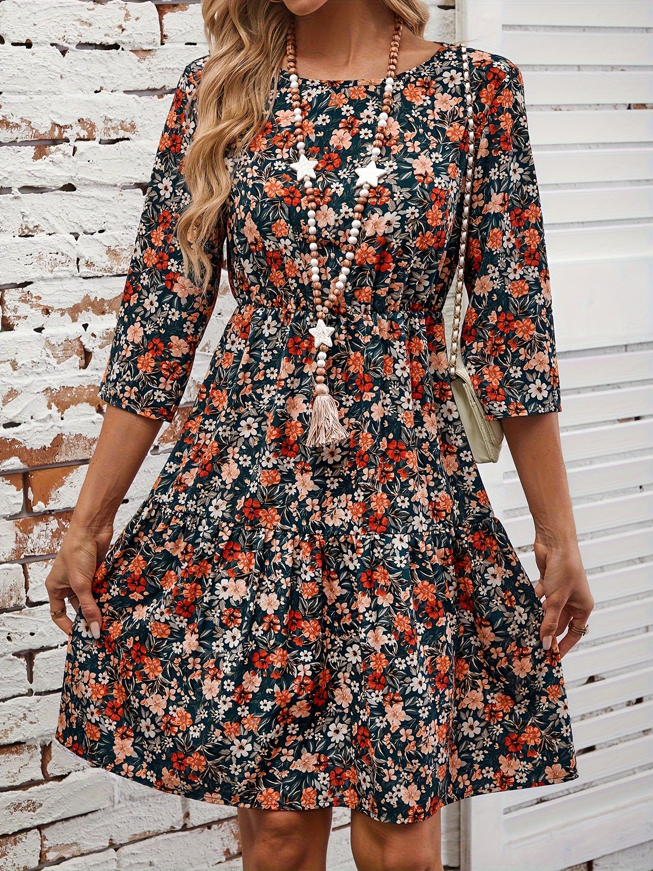 Elegant Floral Print Midi Dress for Women - Crew Neck, 3/4 Sleeve, A-Line with Ruffle Hem, Machine Washable - Perfect for Fall, for Autumn, Spring