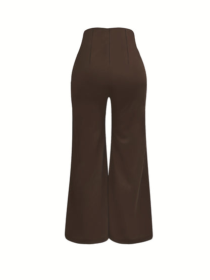 Elegant Double-Breasted Waistband Casual Pants, Solid Color, Polyester, Machine Washable - All Seasons, Queen Style, High-Grade Design