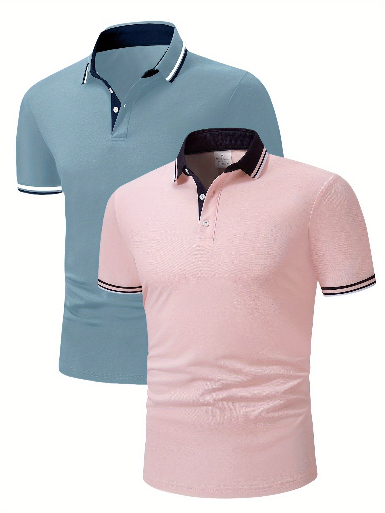 2pcs Men's Short-Sleeve Shirts with Contrast Collars - Lightweight Polyester, Pastel Blue & Pink, Turn- Collar, Button Closure, Regular Fit, Casual & Business-Casual Wear, Ideal for Summer or Gifting, Short Sleeve Tops