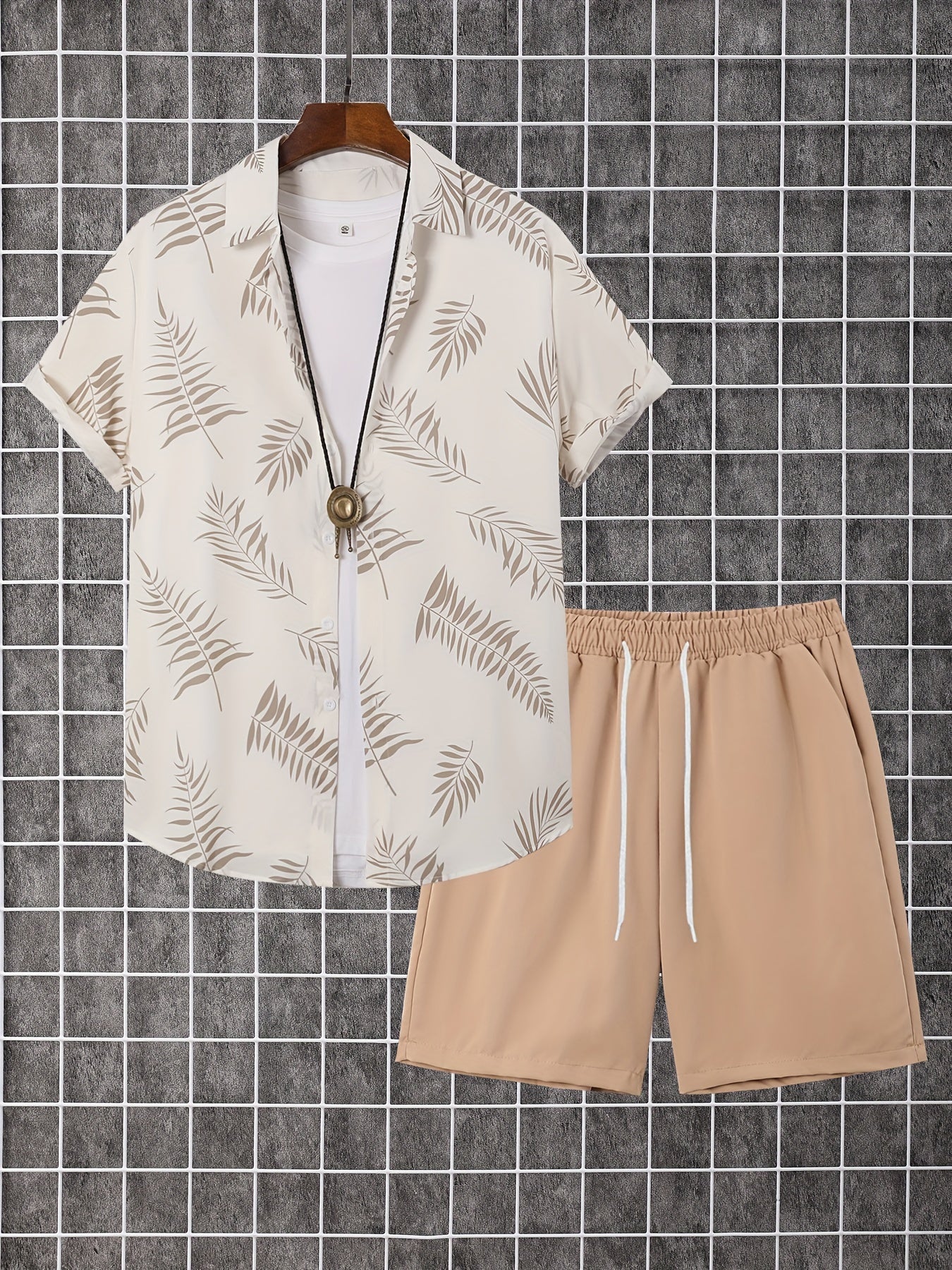 2-piece Men's Holiday Style Summer Outfit Set, Leafs Pattern Print Short Sleeve Button Up Lapel Shirt Top & Solid Drawstring Shorts With Pockets