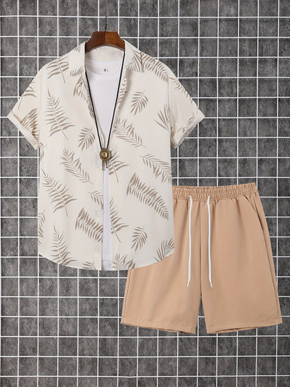2-piece Men's Holiday Style Summer Outfit Set, Leafs Pattern Print Short Sleeve Button Up Lapel Shirt Top & Solid Drawstring Shorts With Pockets