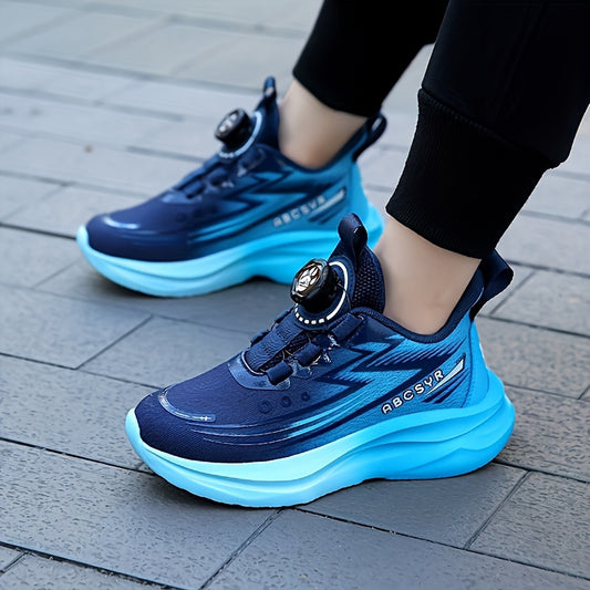 Youngsters' Rotating Buckle Sneakers - Breathable Mesh Sneakers for Boys and Girls, Navy Blue with Striped Design, Lightweight EVA Sole, Casual & Running Wear, Hand or Dry Clean Only