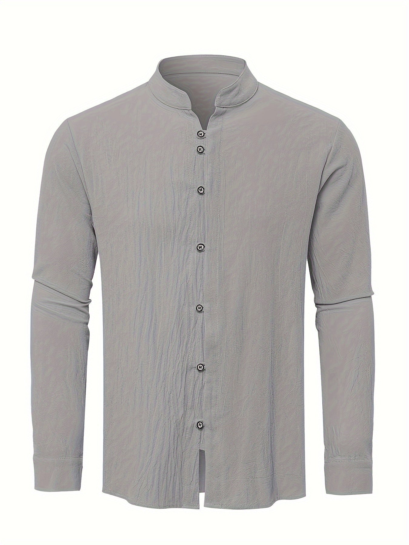 Classic Design Men's Solid Color Stand Collar Long Sleeve Button Up Top Shirt, Pure Cotton Spring And Autumn Fashion Cotton Tops For Daily And Casual Outerwear