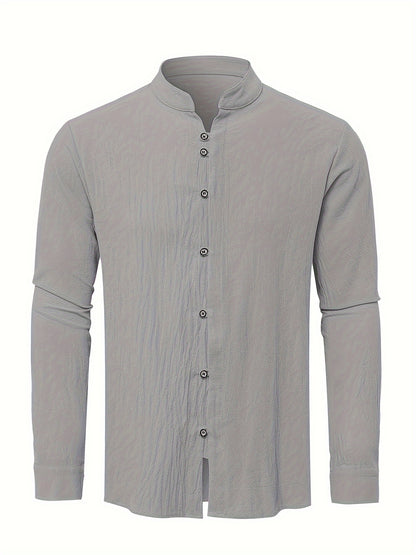 Classic Design Men's Solid Color Stand Collar Long Sleeve Button Up Top Shirt, Pure Cotton Spring And Autumn Fashion Cotton Tops For Daily And Casual Outerwear