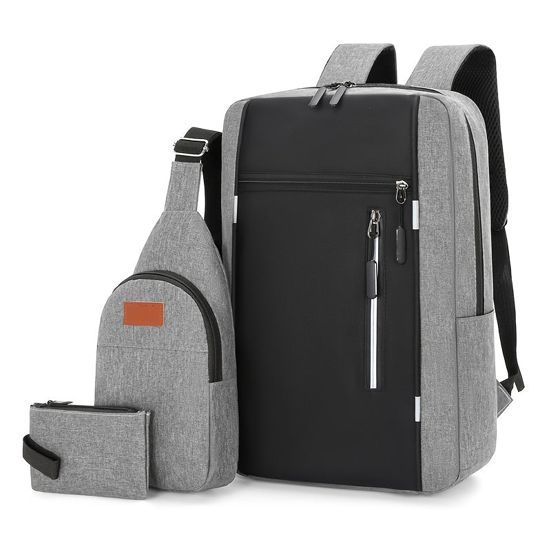Three-Piece Set: Laptop Bag, Chest Bag, Wallet - Multi-Layer Oxford Fabric Adjustable Shoulder Backpack with Reflective Strip Design, Breathable Wide Strap Large Capacity Casual Storage Bag for Men, Suitable for Daily Commute