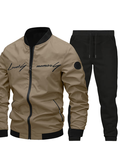 2pcs Men's Classic Bomber Jacket & Jogging Pants Set - Sleek Black with Letter Embroidery, Elastic Cuffs & Waistband, Durable Polyester, Perfect for Outdoor Activities & Casual Wear, Jogging Suits