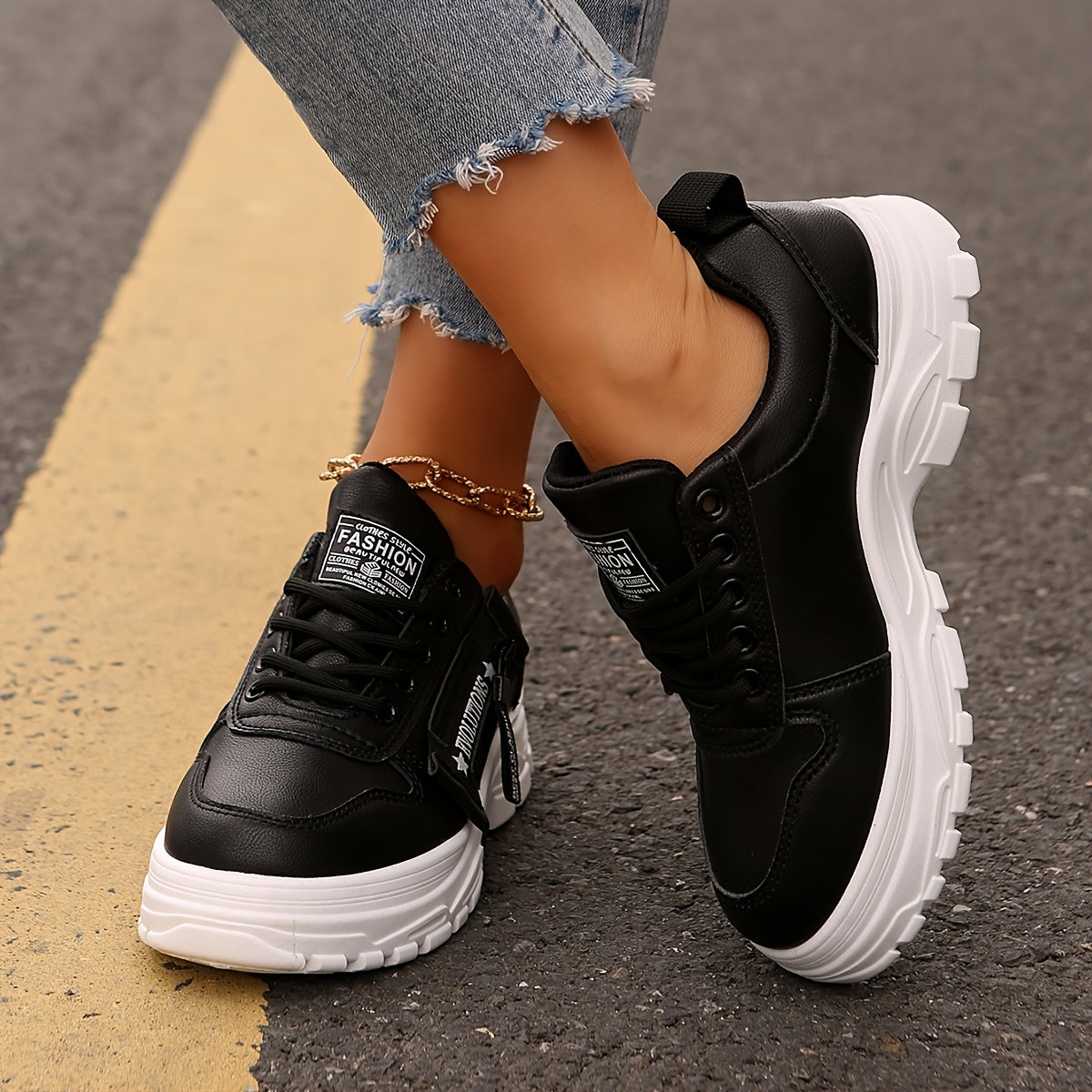 Women'S Breathable Knit Sneakers - Lightweight Thick Sole Casual Walking Shoes in White & Black, Synthetic Cover Upper with Rubber Outsole, Lace-Up Low-Top Design for Indoor/Outdoor, Travel, Beach & Shopping - Cute Gift for M