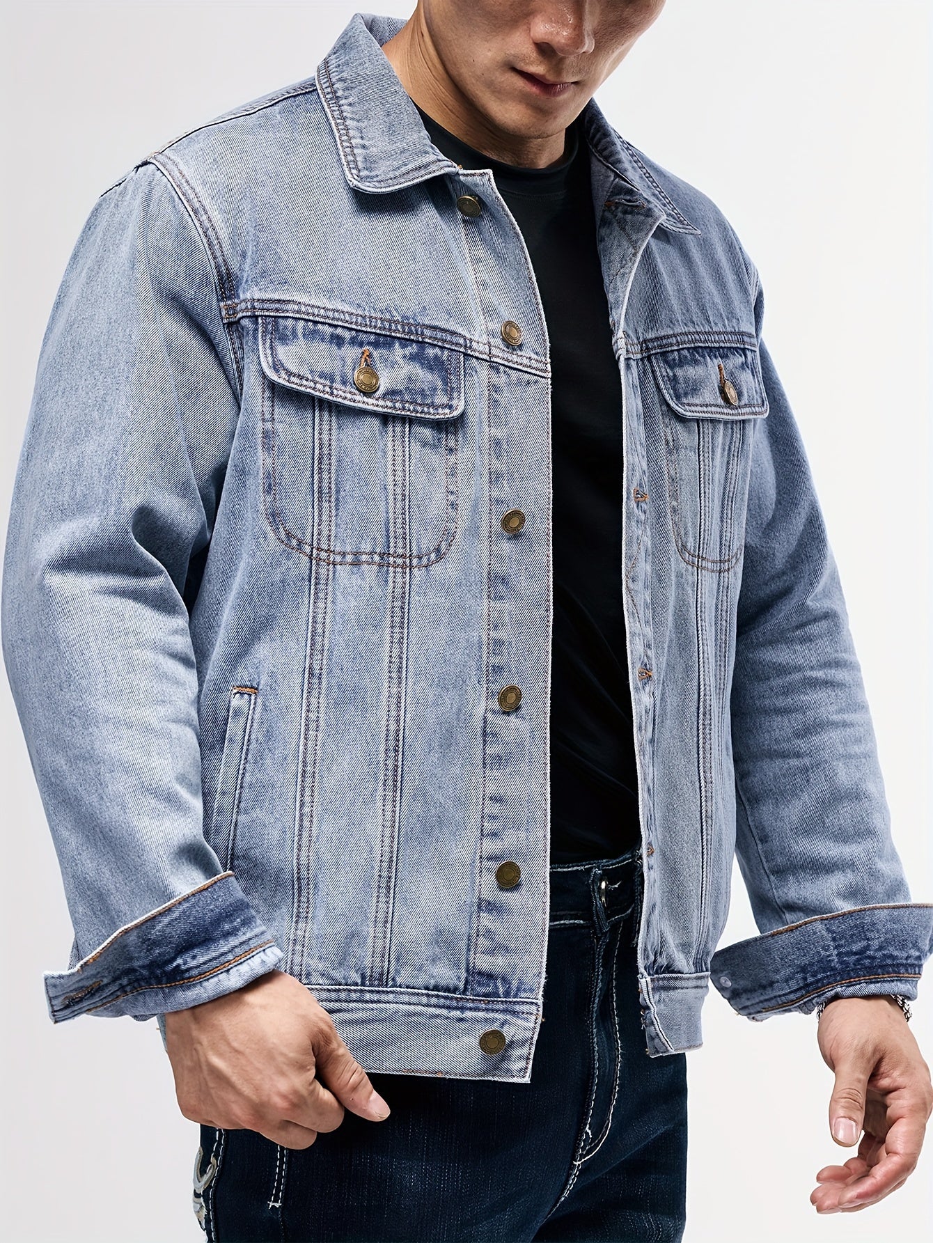 Men's Stylish Denim Jacket - Casual Long Sleeve with Flap Pockets, Machine Washable
