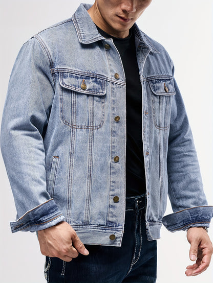 Men's Stylish Denim Jacket - Casual Long Sleeve with Flap Pockets, Machine Washable