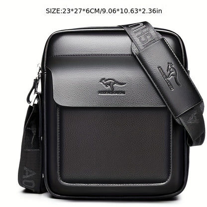 DOSHENG Men's Stylish Black Synthetic Leather Crossbody Bag - Adjustable Strap, Multi-Compartment Business Casual Satchel with Embossed Dinosaur Logo for Office Use, Versatile Crossbody Bag | Stylish Men's Accessory | Metalli