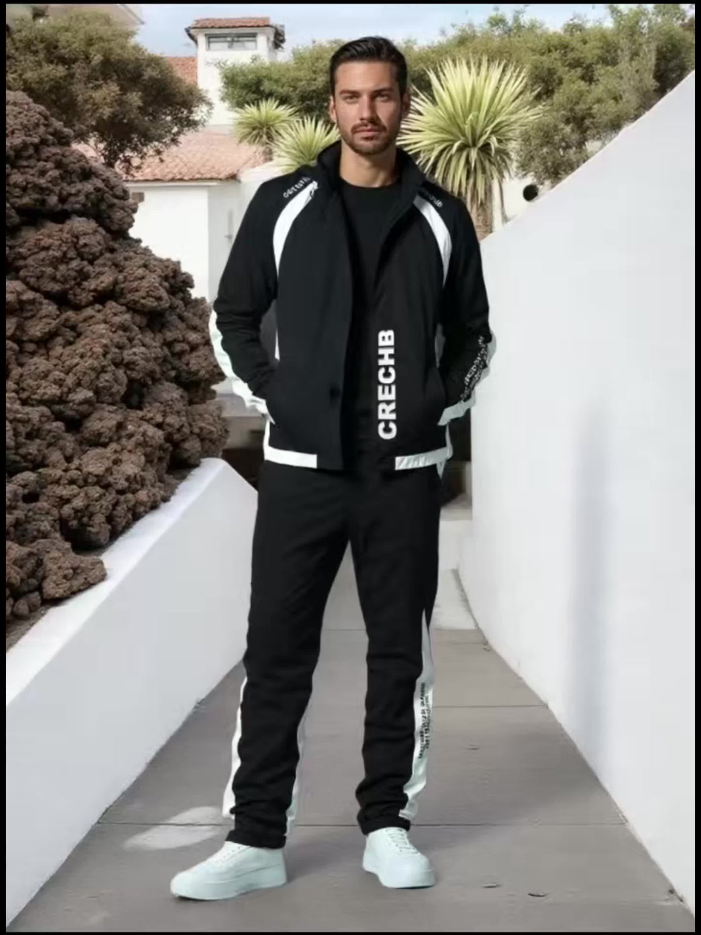 Unisex Sportswear Set for Spring And Autumn, Featuring a Zip-Up Jacket with a Stand Collar And Striped Long Pants in Black And White, a Stylish Outfit That Makes a Great Gift, Sweat-Resistant, Hand Wash Only, Workout Accessor