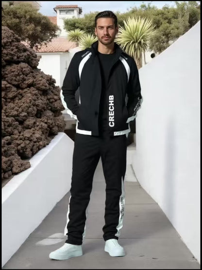 Unisex Sportswear Set for Spring And Autumn, Featuring a Zip-Up Jacket with a Stand Collar And Striped Long Pants in Black And White, a Stylish Outfit That Makes a Great Gift, Sweat-Resistant, Hand Wash Only, Workout Accessor
