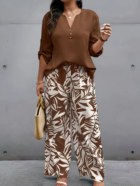 Summer Women's Fashionable New Short-Sleeve Pullover V-Neck Solid Color Top with Plant Print Wide-Leg Pants Two-Piece Set