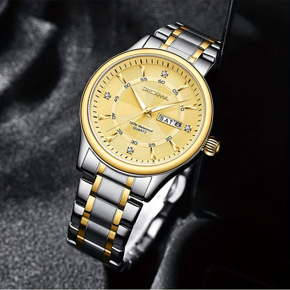 Stainless Steel Men's Quartz Watch with Luminous Hands, Dual Calendar, Date Display & High Quality IPX7 - Golden-Tone Dial, Accents for Business, Casual, Travel - Ideal Birthday Holiday Gift, Business Casual Watch | Sleek Met