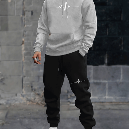 1set Men'S Casual Geometric Heartbeat Pattern Hoodie and Sweatpants Set, Polyester and Spandex Blend, Loose Fit, Hooded Pullover for Autumn/Winter