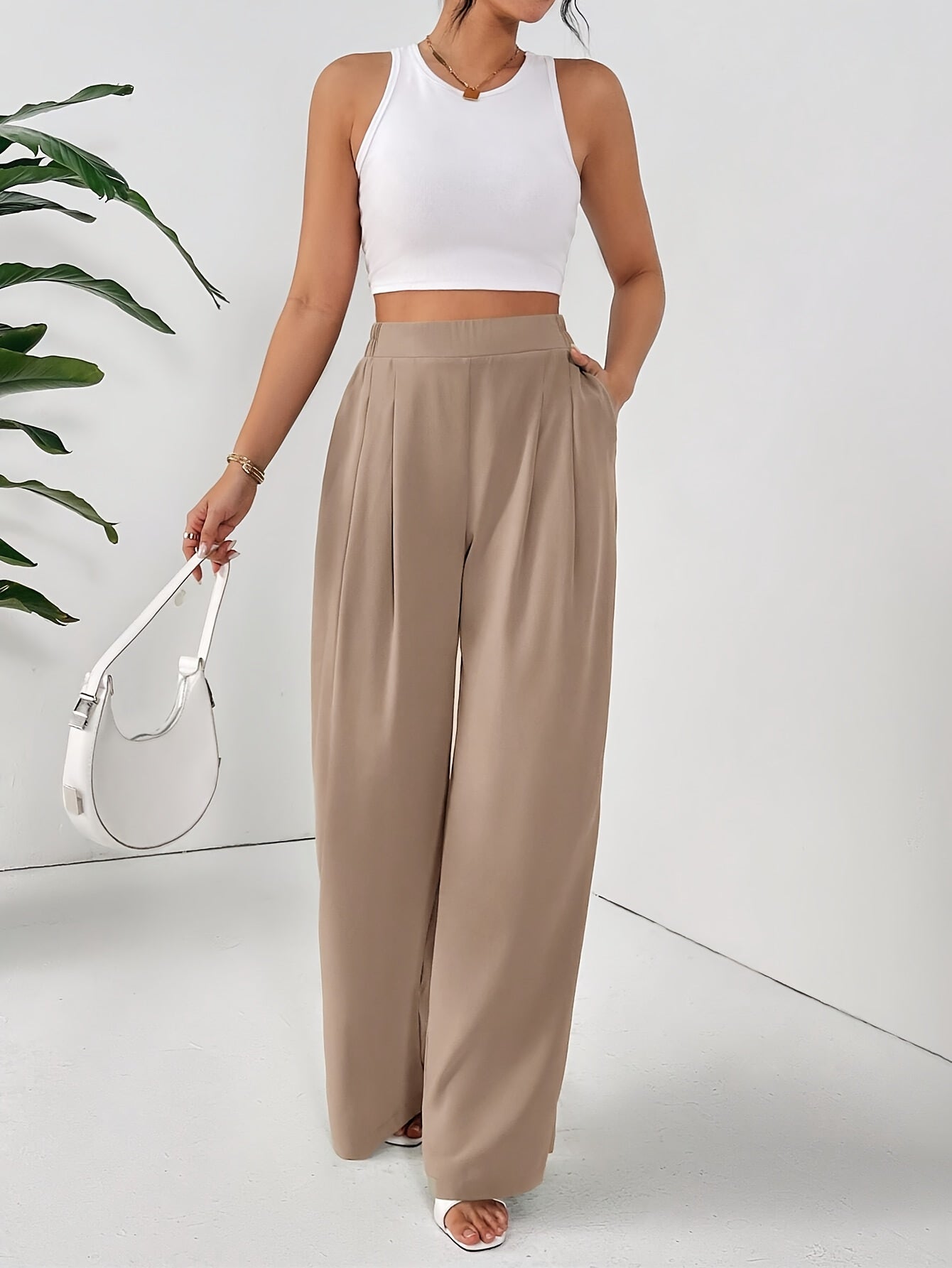 Women'S Elegant Wide Leg Pants - Beige Loose Fit with Elastic Waist, Comfortable Polyester Fabric for Spring/Summer Vacations, Casual Chic Style
